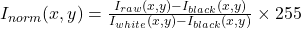 I_{norm}(x,y) = \frac{I_{raw}(x,y) - I_{black}(x,y)}{I_{white}(x,y) - I_{black}(x,y)} \times 255