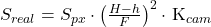 S_{real} = S_{px} \(\cdot \left(\frac{H - h}{F}\right)^2 \cdot\) K_{cam}